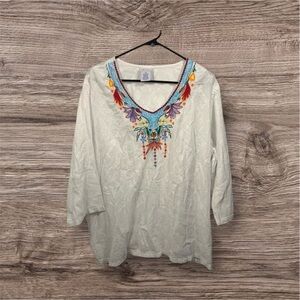Vickie Wayne Tunic Top Sz 2XL White Floral Embroidery Beach‎ Colorful Boho
